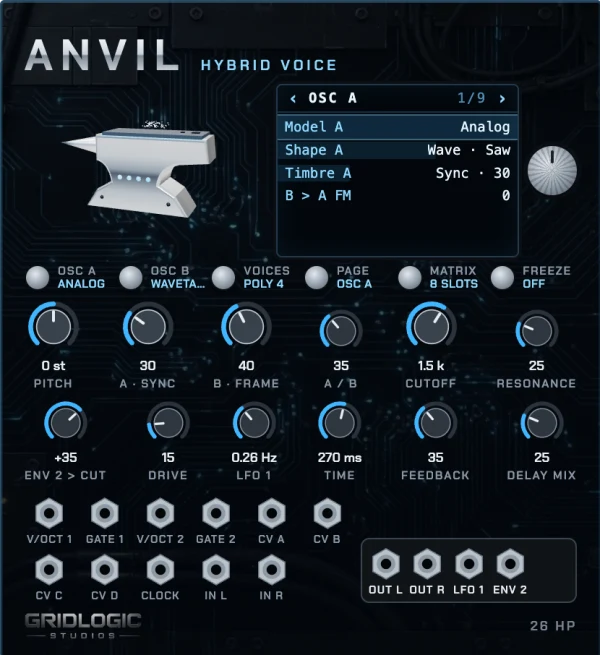 The Anvil module: a 26 HP Eurorack panel with a chrome anvil logo, a screen and encoder, six buttons, twelve knobs and fifteen jacks