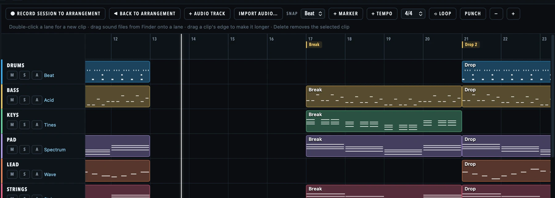 The Arrangement view: clips laid out over time with section markers