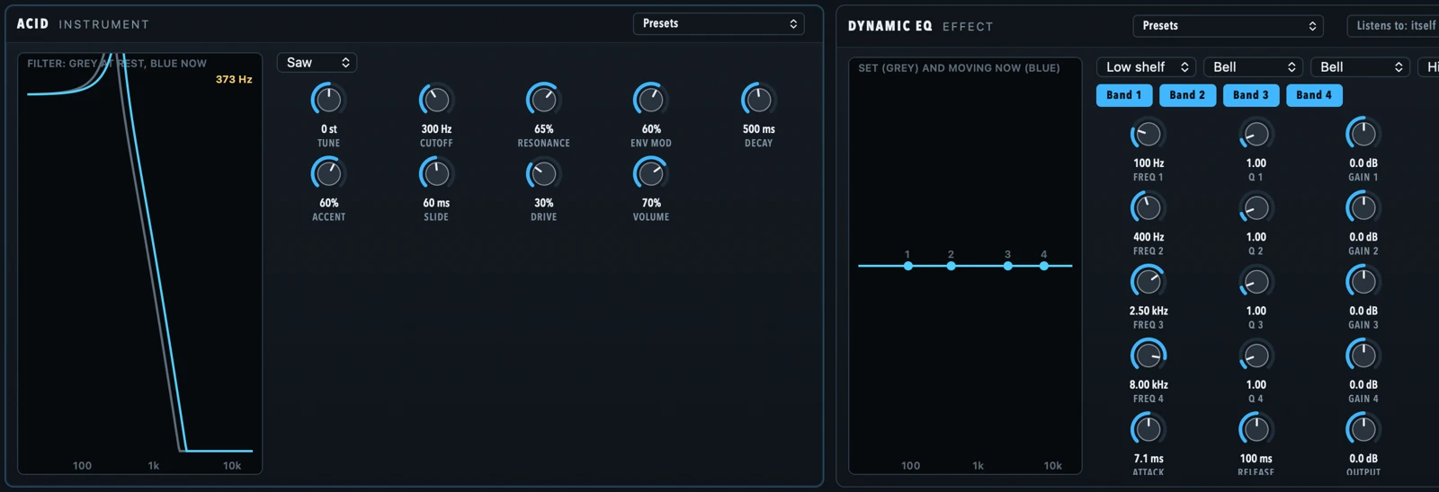 Acid, the bass line synth, beside Dynamic EQ with four bands