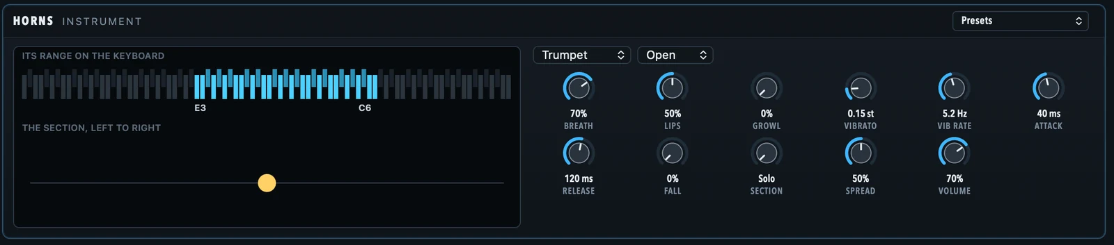 Horns: the trumpet's range on the keyboard, and the section across the stereo field