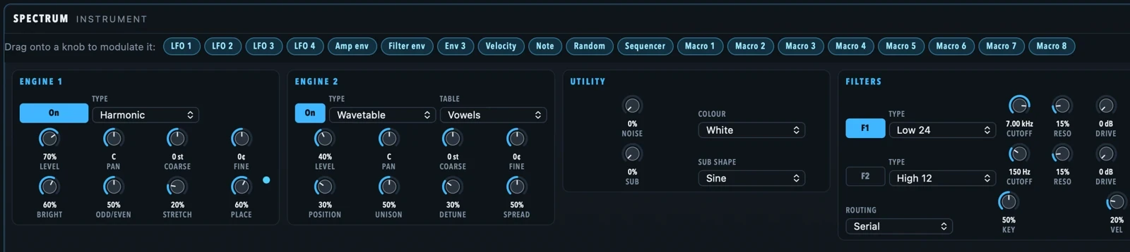 Spectrum: two sound engines per voice, a utility section and two filters