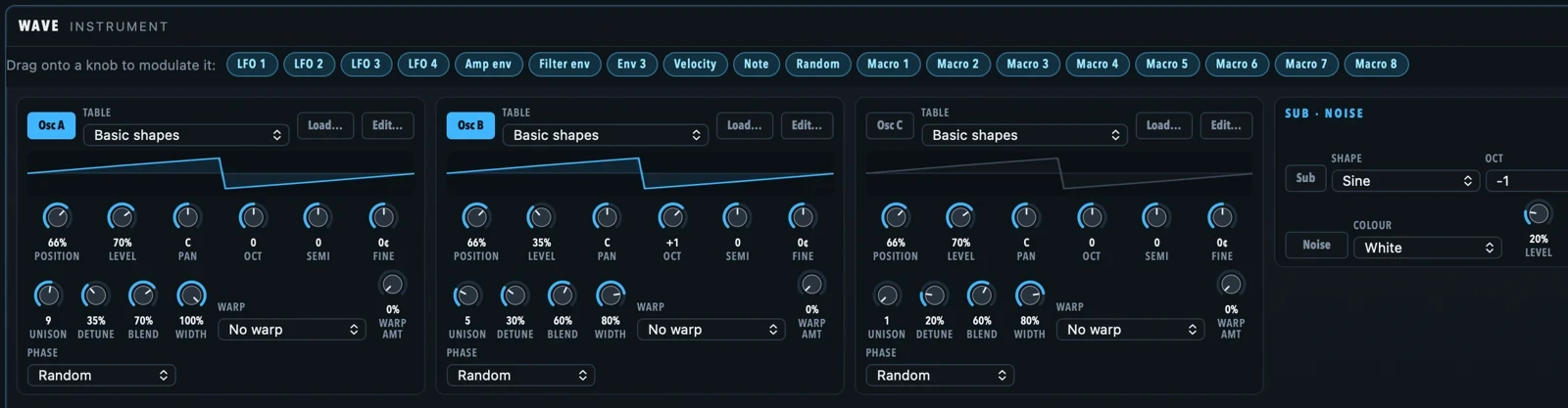 Wave, the wavetable synth: three oscillators with tables, unison and warp, sub and noise, and modulation sources to drag onto any knob