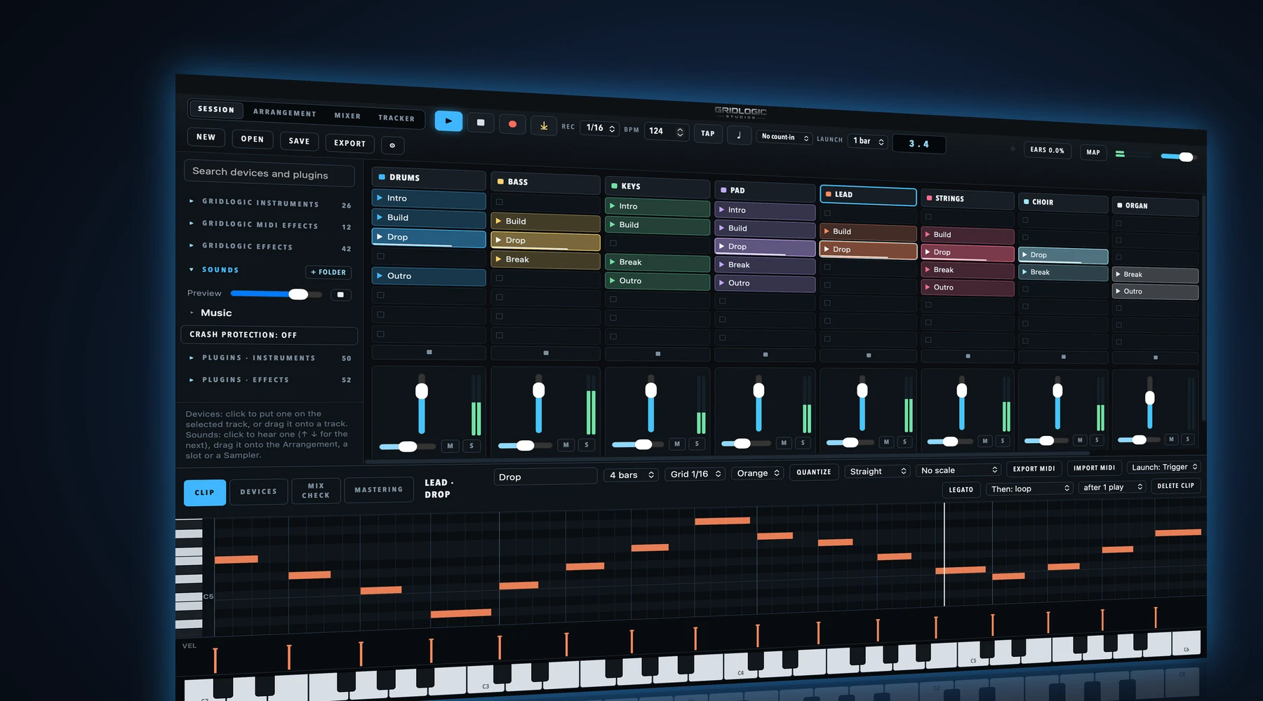 Gridlogic DAW's Session view mid-song: eight tracks of clips, meters lit, and the lead melody open in the piano roll