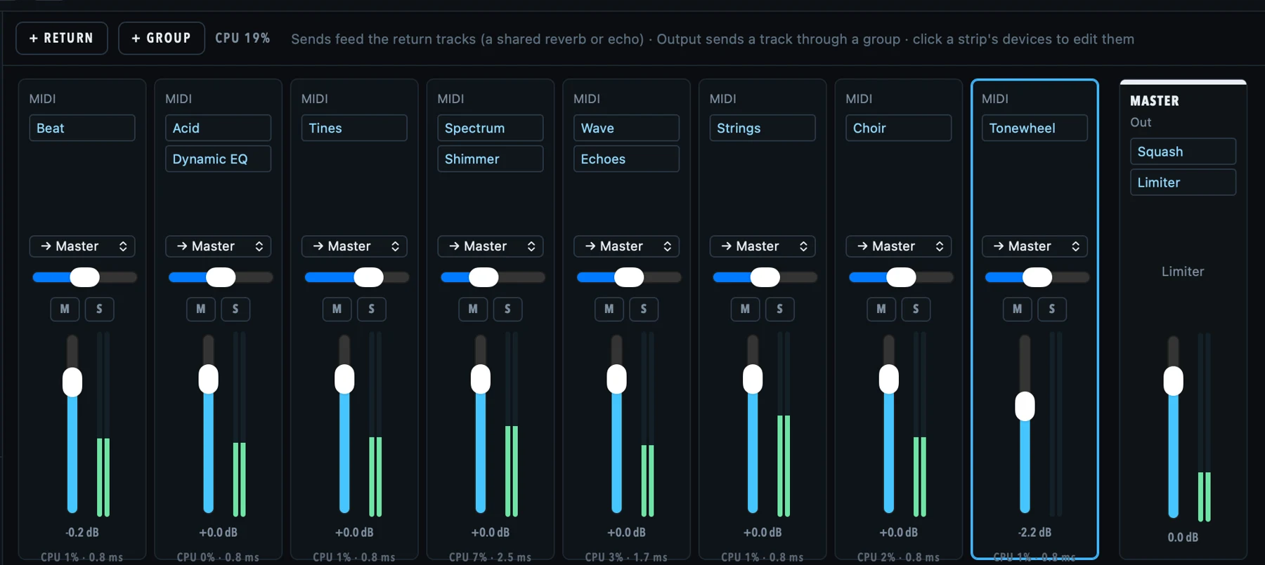 The mixer: a strip for every track with its devices, routing, pan, fader and meters, and the master