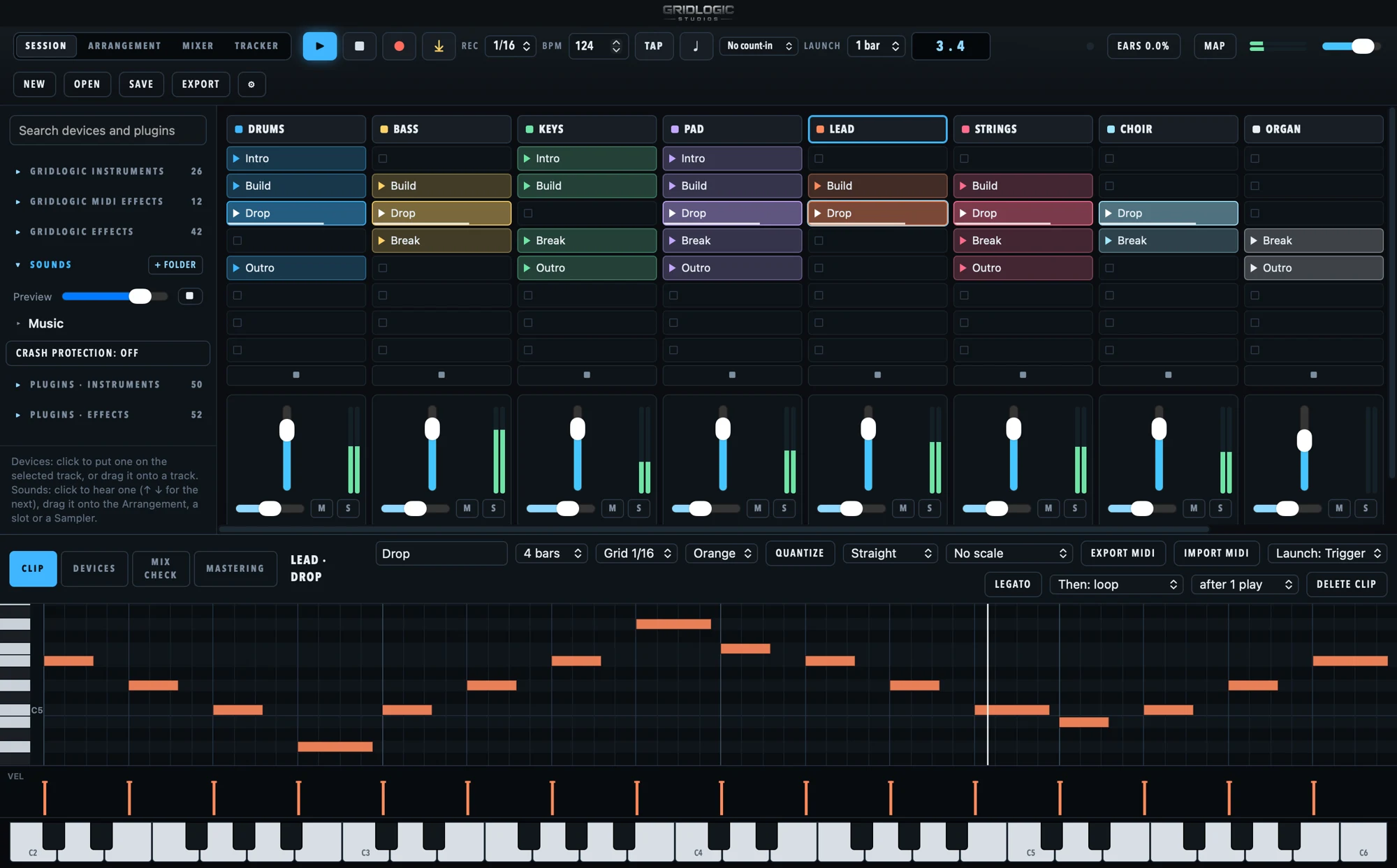 The Session view: a grid of clips for each track, scenes, mixer strips and the piano roll
