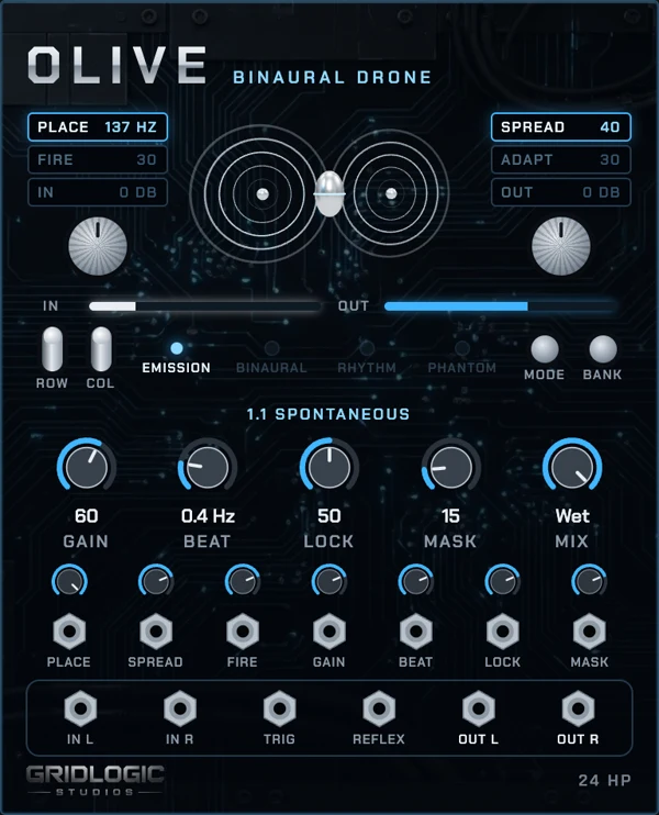 The Olive module: a 24 HP Eurorack panel with chrome rings meeting at a chrome olive, two encoders with lit windows, two toggles, four bank lights, five knobs, seven attenuverters and thirteen jacks